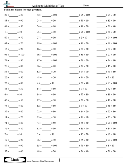 Adding to Multiples of Ten Worksheet - Adding to Multiples of Ten worksheet